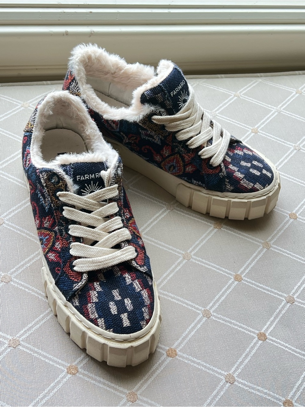 Farm Rio Navy Multi-Tapestry Faux Fur Lined Platform Sneakers - Size 5